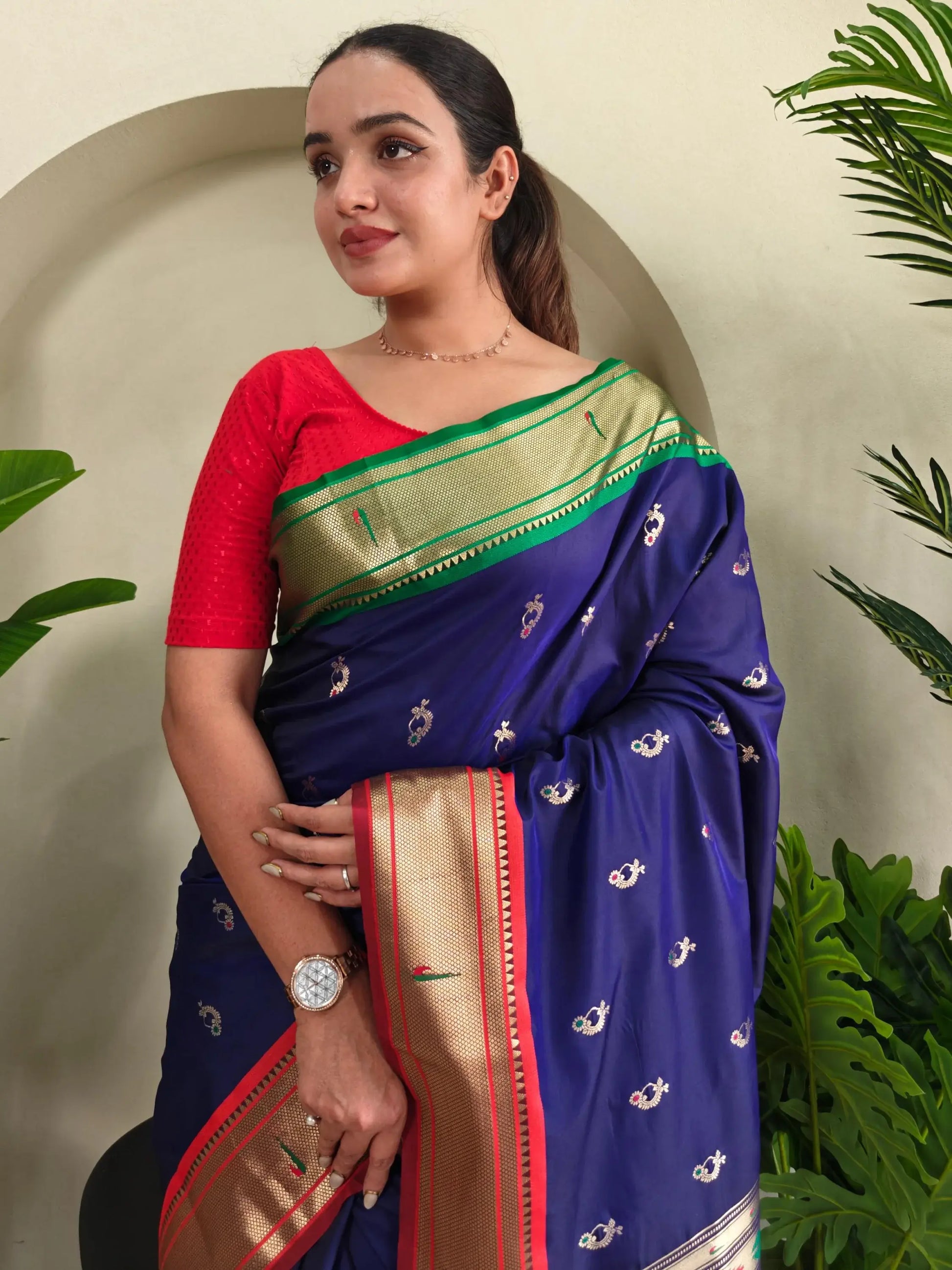 Delightful Navy Blue Pichwai Printed Silk Traditional Wear Saree With Blouse - Zeel Clothing