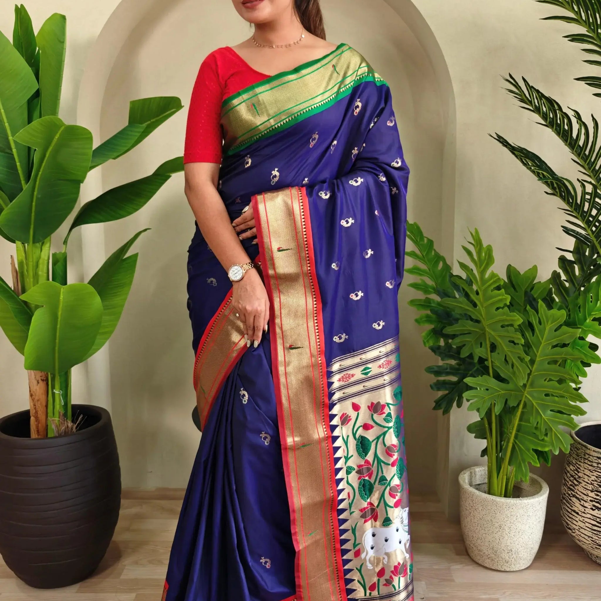 Delightful Navy Blue Pichwai Printed Silk Traditional Wear Saree With Blouse - Zeel Clothing