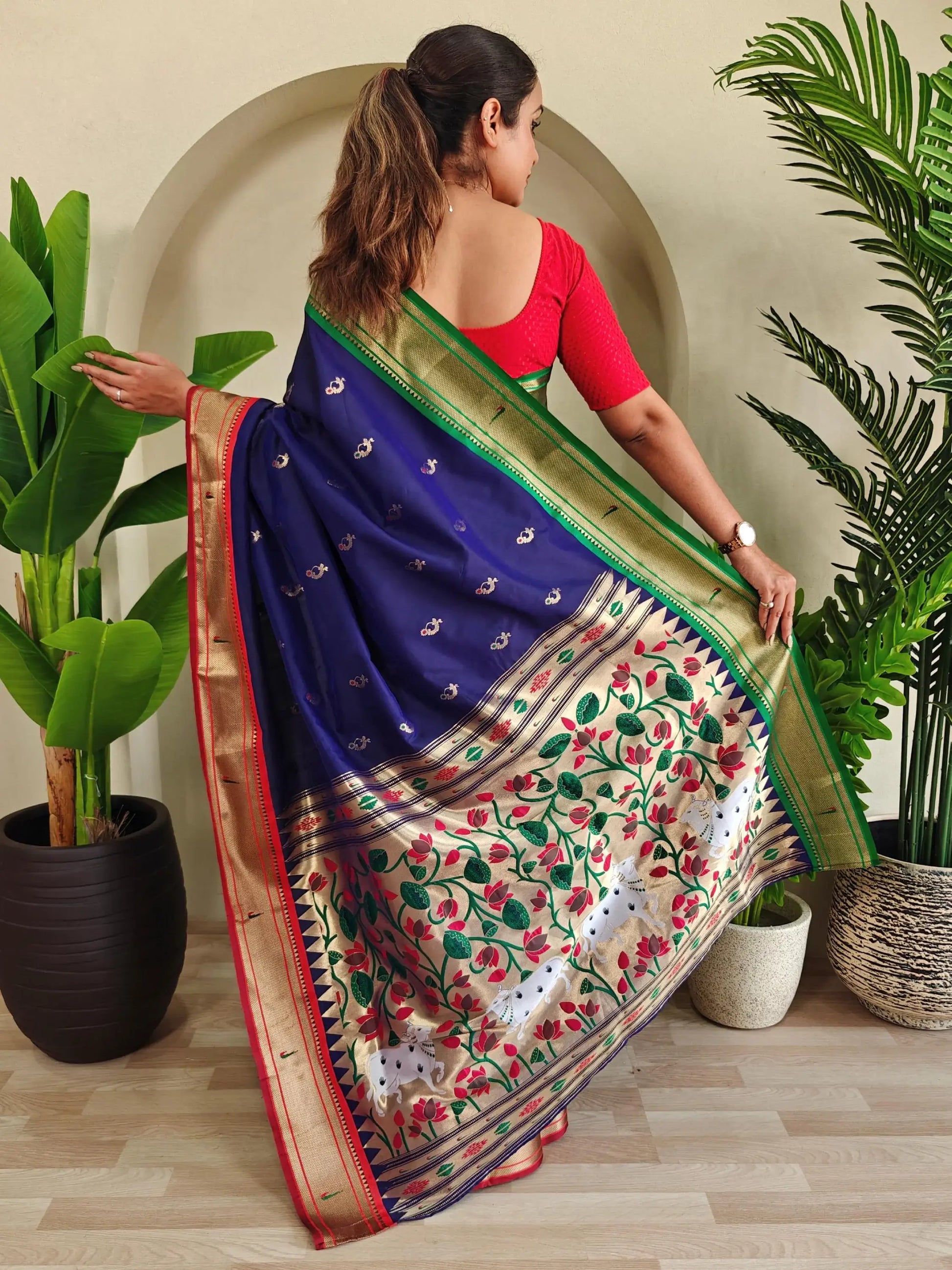 Delightful Navy Blue Pichwai Printed Silk Traditional Wear Saree With Blouse - Zeel Clothing