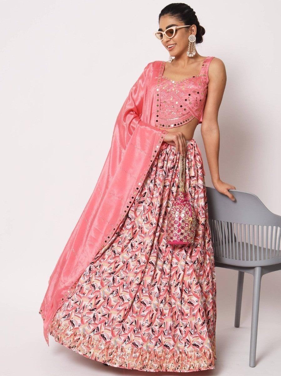 Pink embroidered lehenga set with floral skirt and dupatta, perfect for festive occasions
