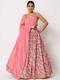 Pink embroidered lehenga with floral skirt and matching dupatta, elegant women's ethnic wear
