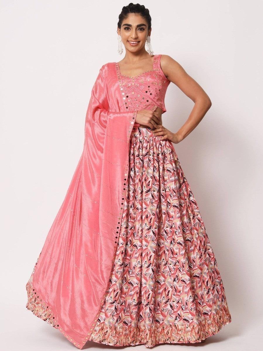 Pink embroidered lehenga with floral skirt and matching dupatta, elegant women's ethnic wear