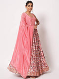 Pink embroidered lehenga with floral skirt and dupatta, elegant women's ethnic wear