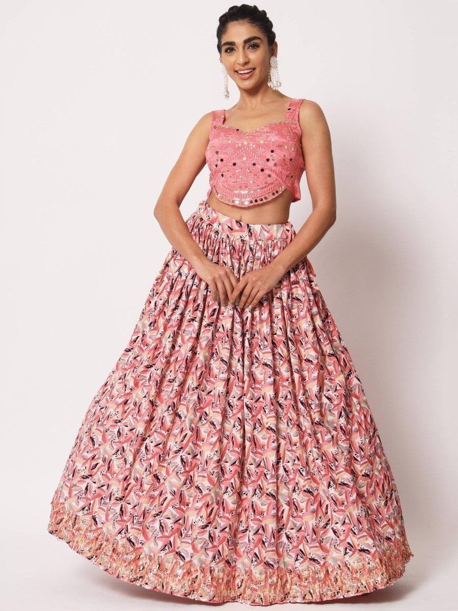 Pink floral lehenga set with embroidered crop top, perfect for festive occasions and weddings