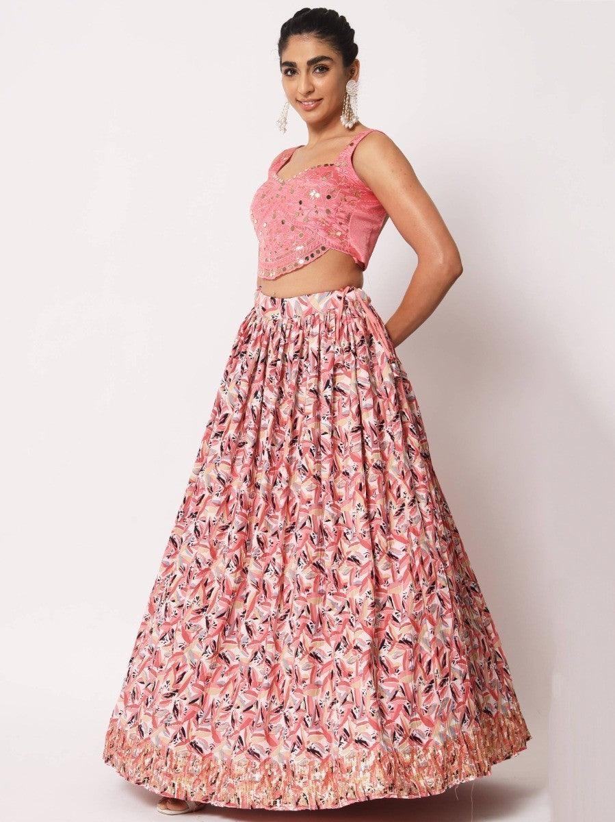 Pink floral lehenga with sequin crop top, stylish women's ethnic wear for festive occasions