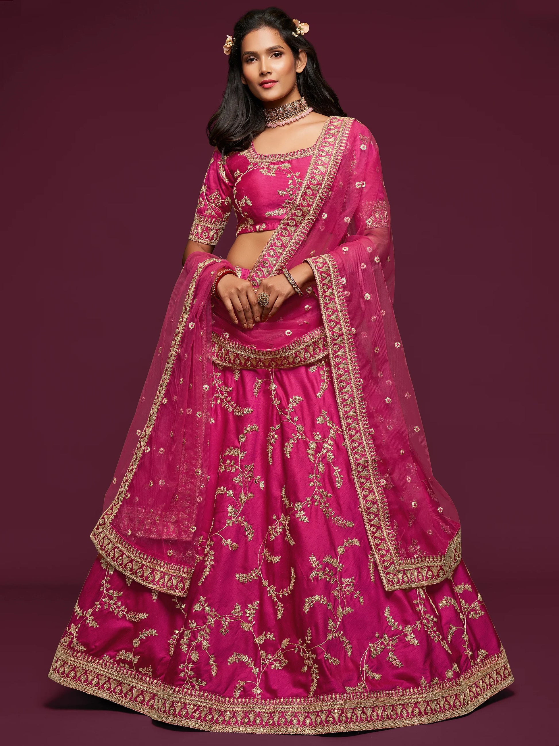 Delightful Pink Thread Embroidery Art Silk Wedding Lehenga Choli - Zeel Clothing