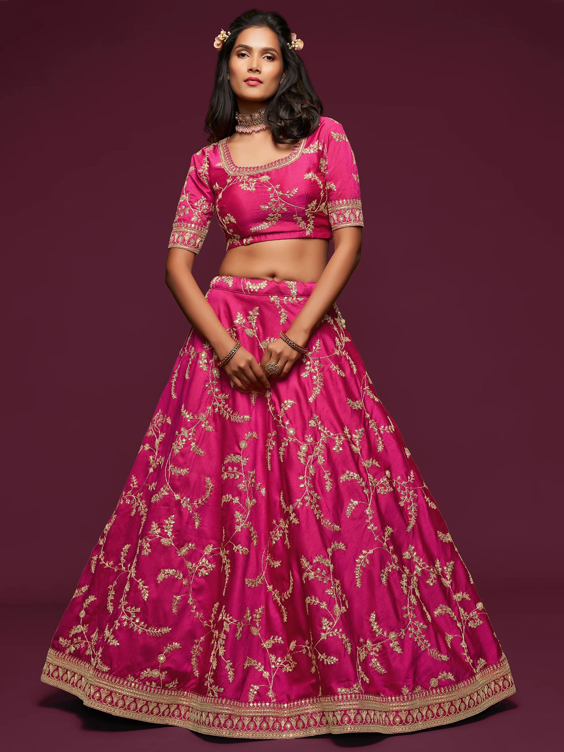 Delightful Pink Thread Embroidery Art Silk Wedding Lehenga Choli - Zeel Clothing