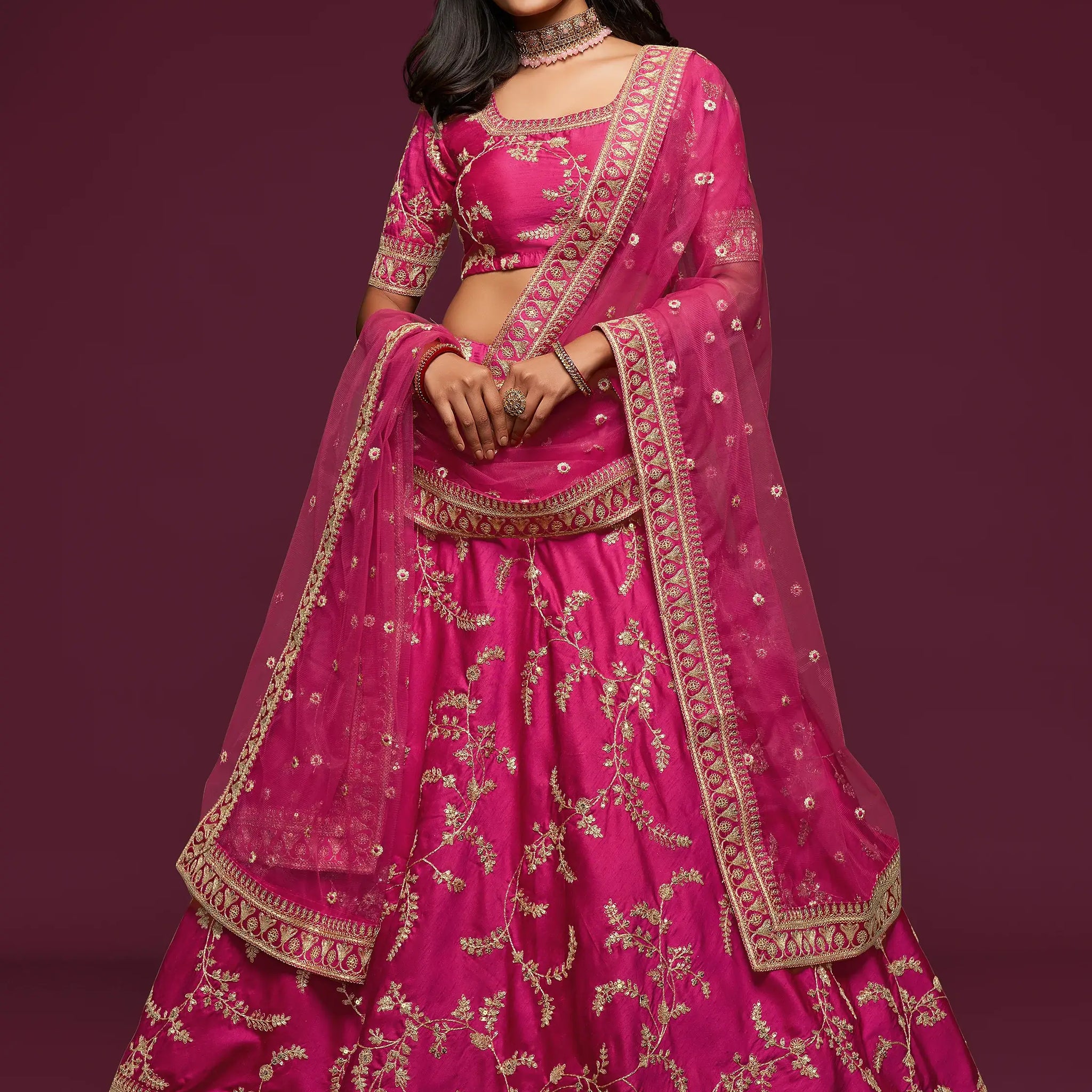 Delightful Pink Thread Embroidery Art Silk Wedding Lehenga Choli - Zeel Clothing