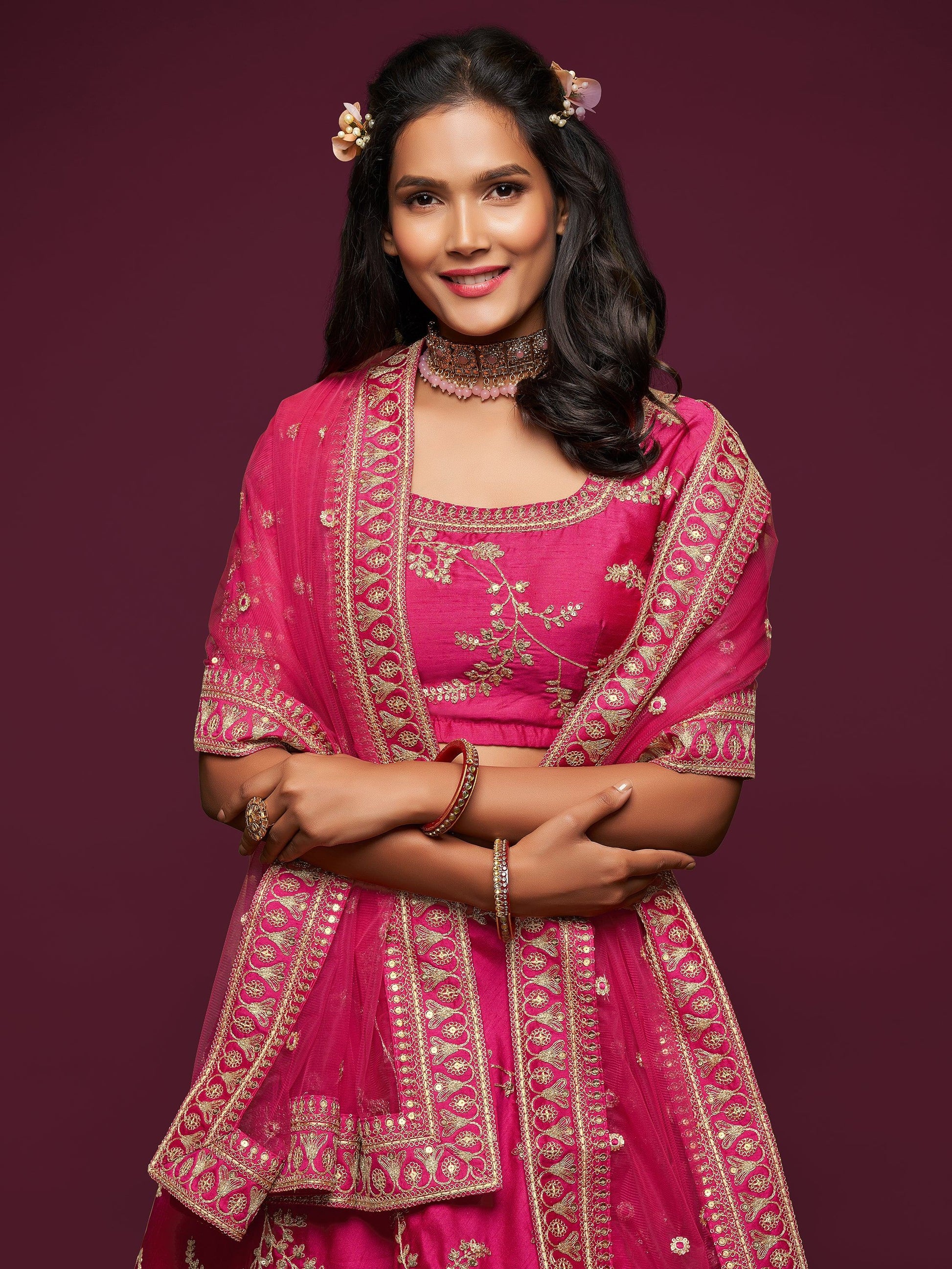 Delightful Pink Thread Embroidery Art Silk Wedding Lehenga Choli - Zeel Clothing