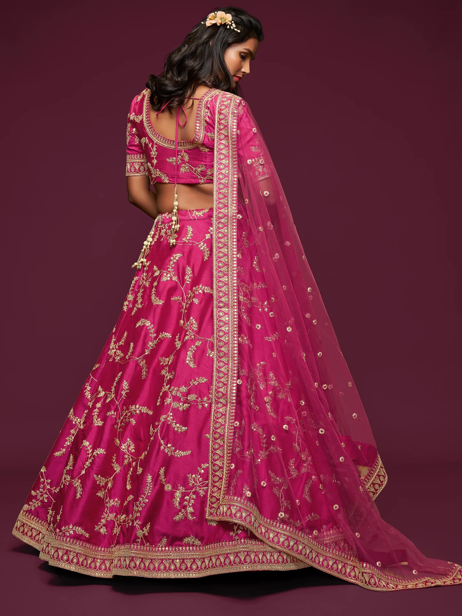 Delightful Pink Thread Embroidery Art Silk Wedding Lehenga Choli - Zeel Clothing