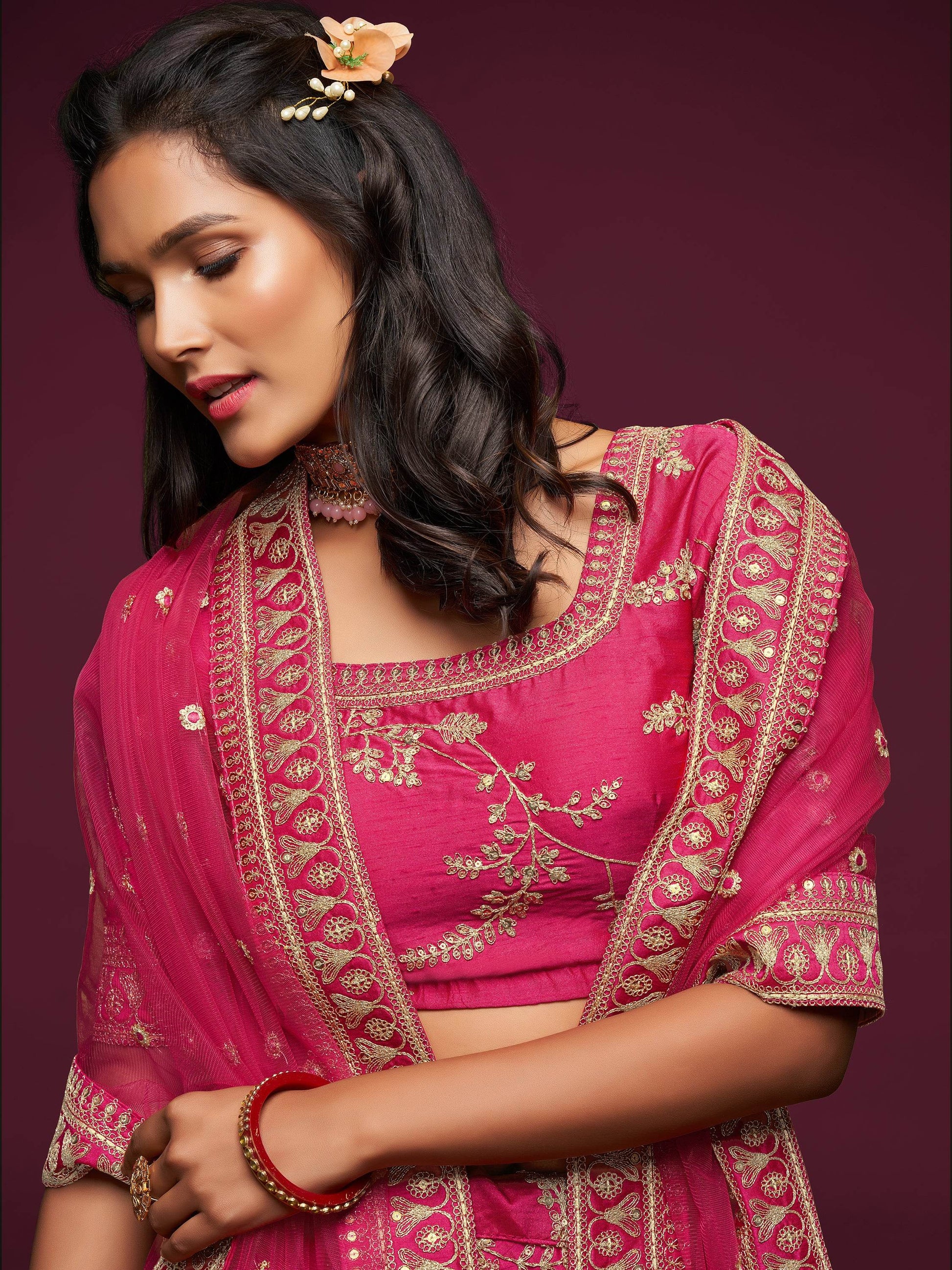 Delightful Pink Thread Embroidery Art Silk Wedding Lehenga Choli - Zeel Clothing