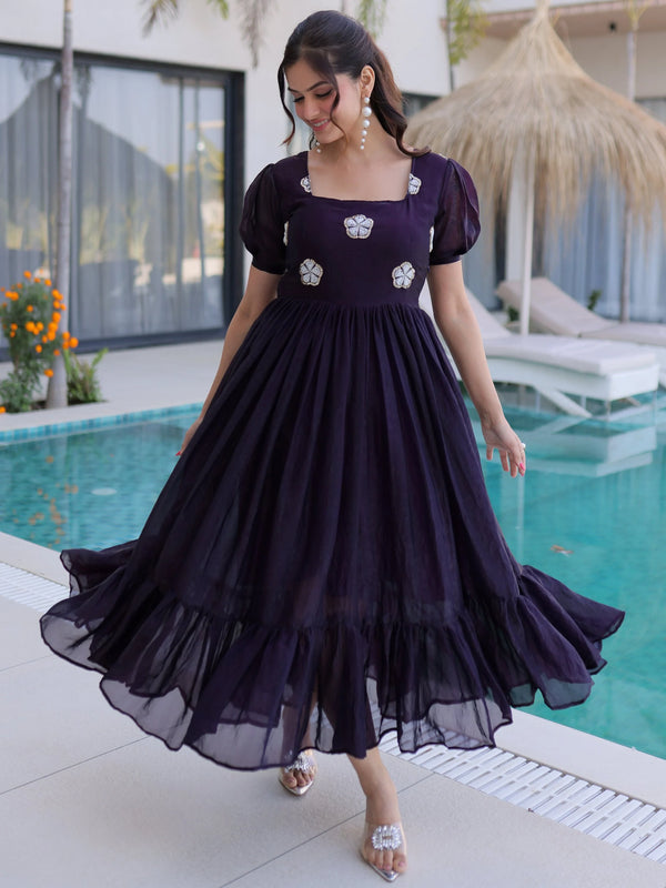 Delightful Purple Beads Embroidered Work Silk Festive Wear Gown