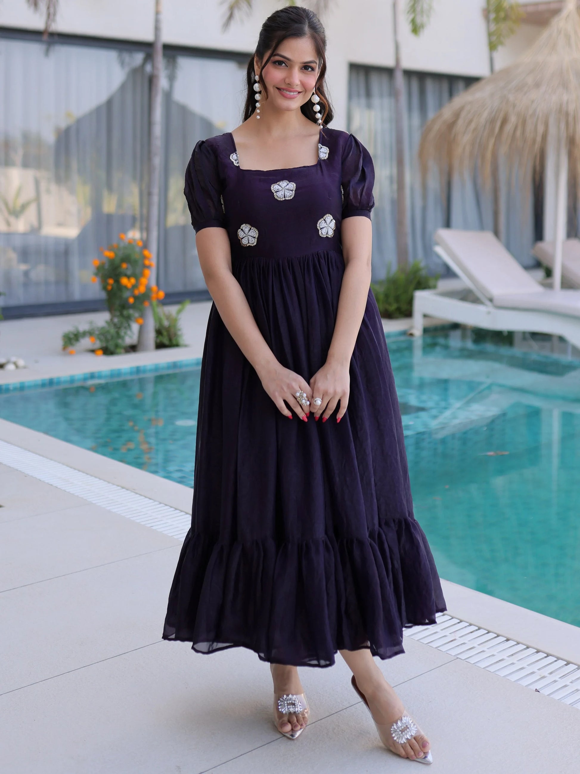 Delightful Purple Beads Embroidered Work Silk Festive Wear Gown