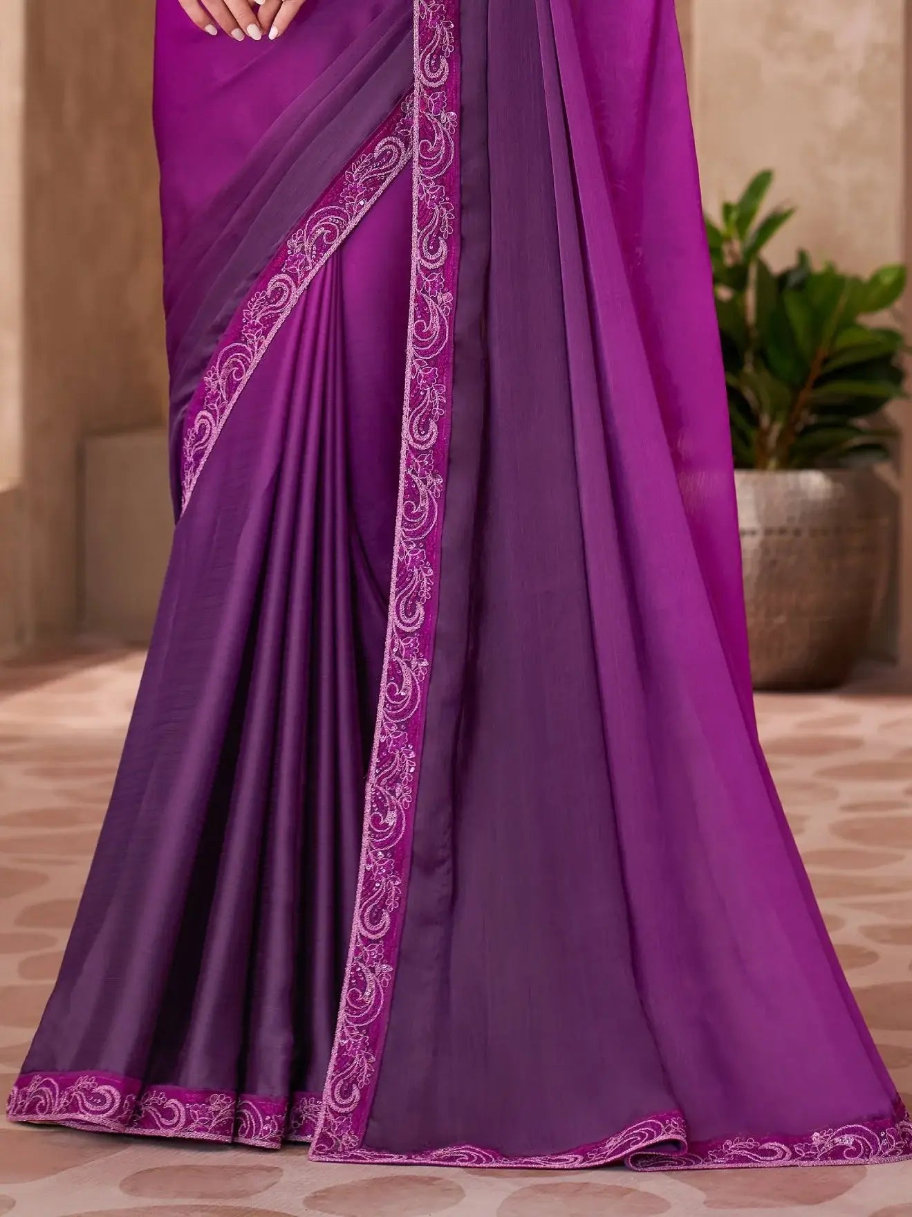 Delightful Purple Border Work Chiffon Traditional Saree With Blouse - Zeel Clothing