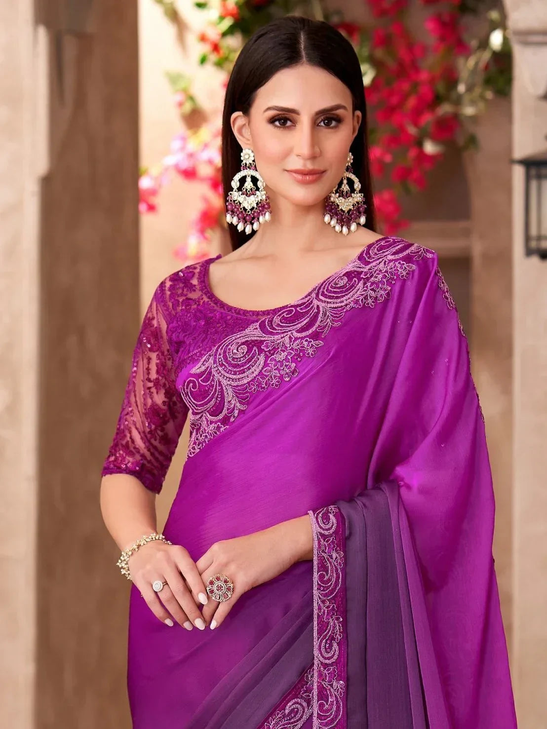 Delightful Purple Border Work Chiffon Traditional Saree With Blouse - Zeel Clothing