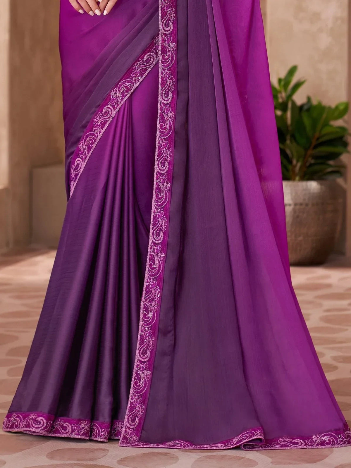 Delightful Purple Border Work Chiffon Traditional Saree With Blouse - Zeel Clothing