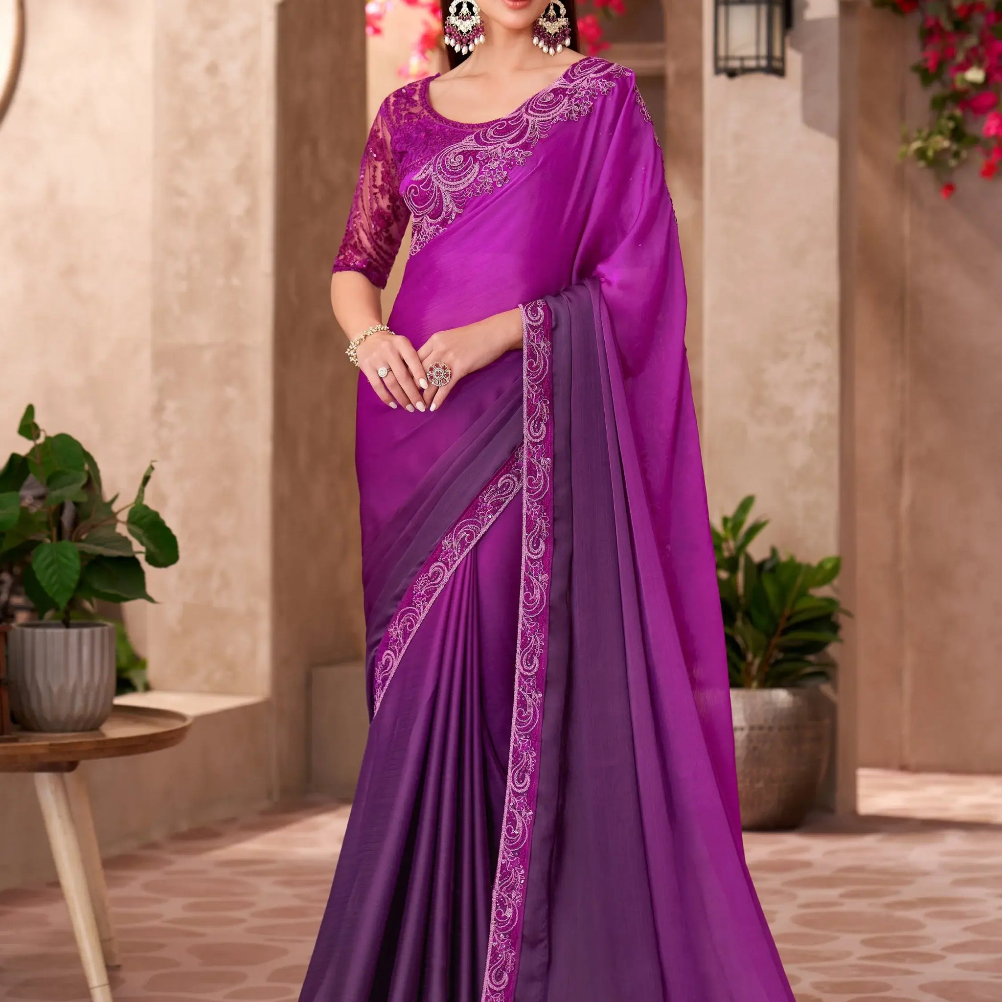 Delightful Purple Border Work Chiffon Traditional Saree With Blouse - Zeel Clothing