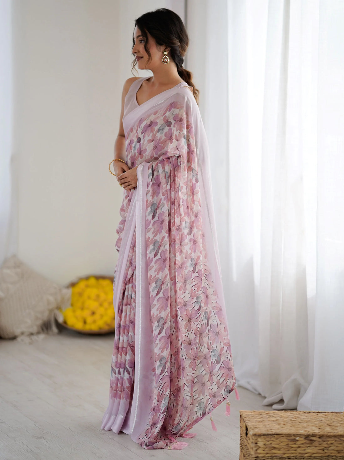 Delightful Purple Floral Printed Georgette Casual Wear Saree With Blouse