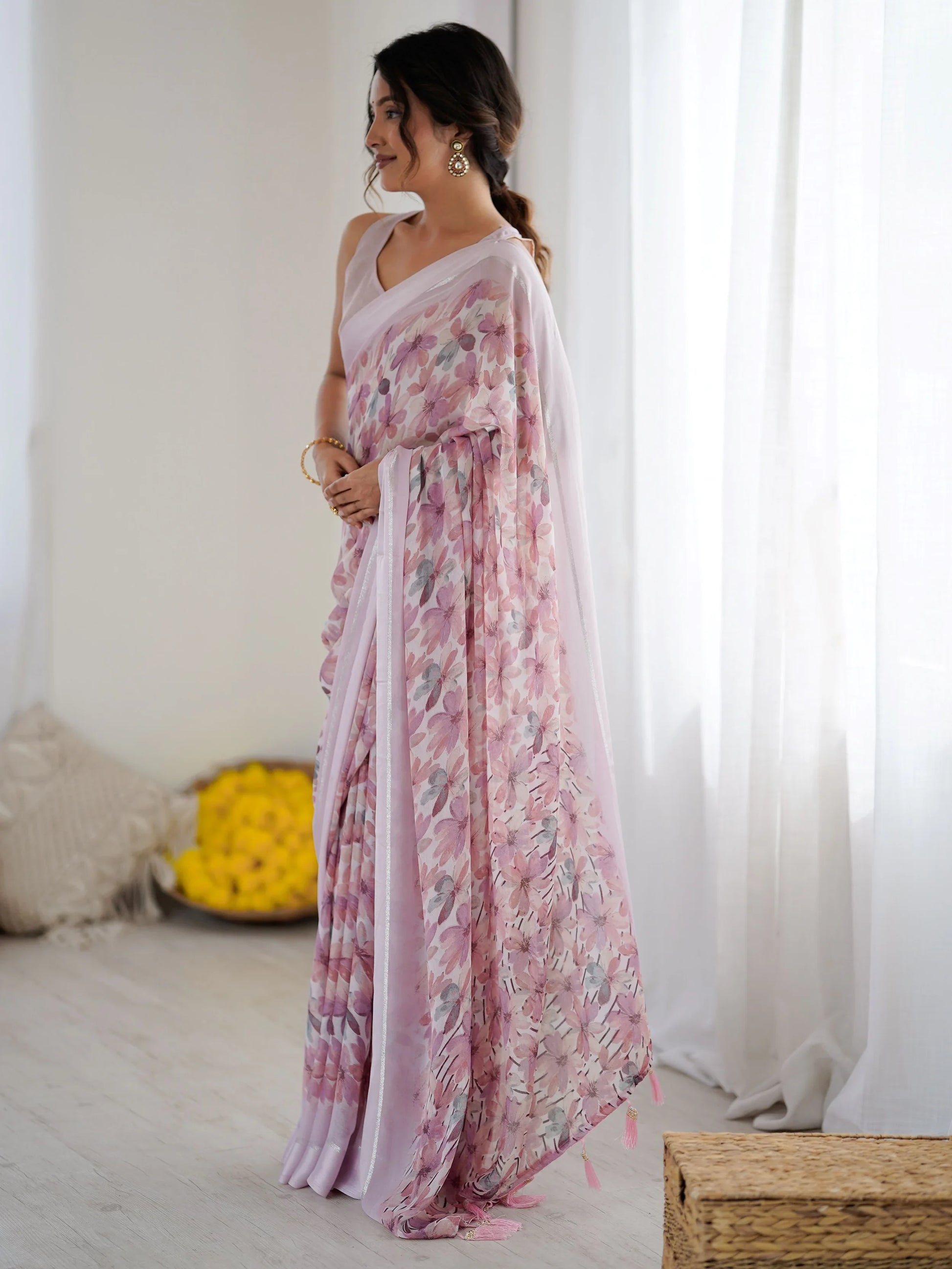 Delightful Purple Floral Printed Georgette Casual Wear Saree With Blouse