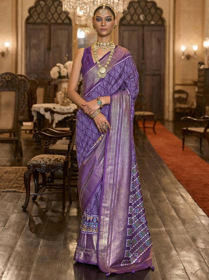 Delightful Purple Printed Patola Silk Event Wear Saree With Blouse