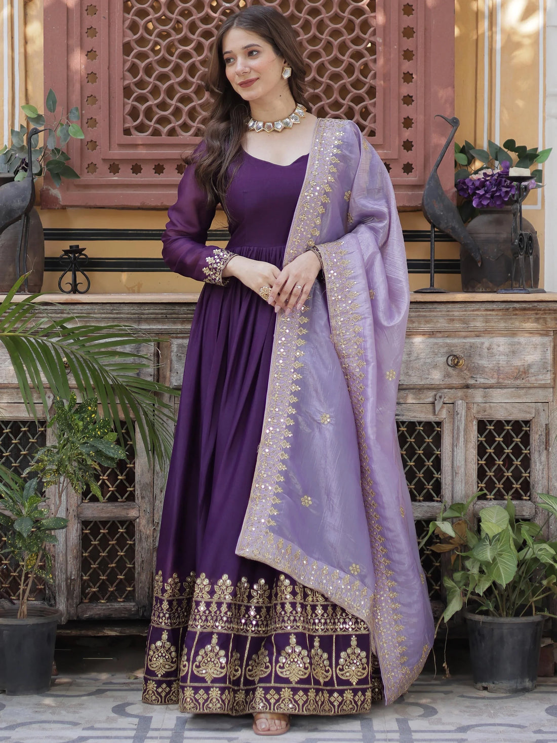 Delightful Purple Zari Embroidery Georgette Evening Wear Gown With Dupatta