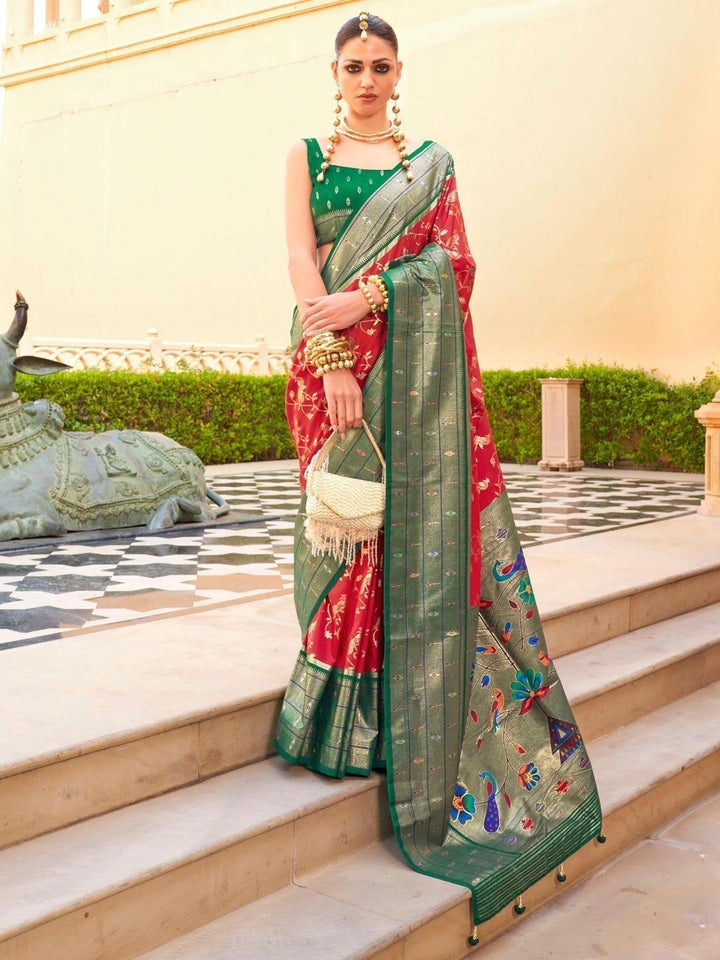 Delightful Red Zari Weaving Silk Event Wear Saree With Blouse