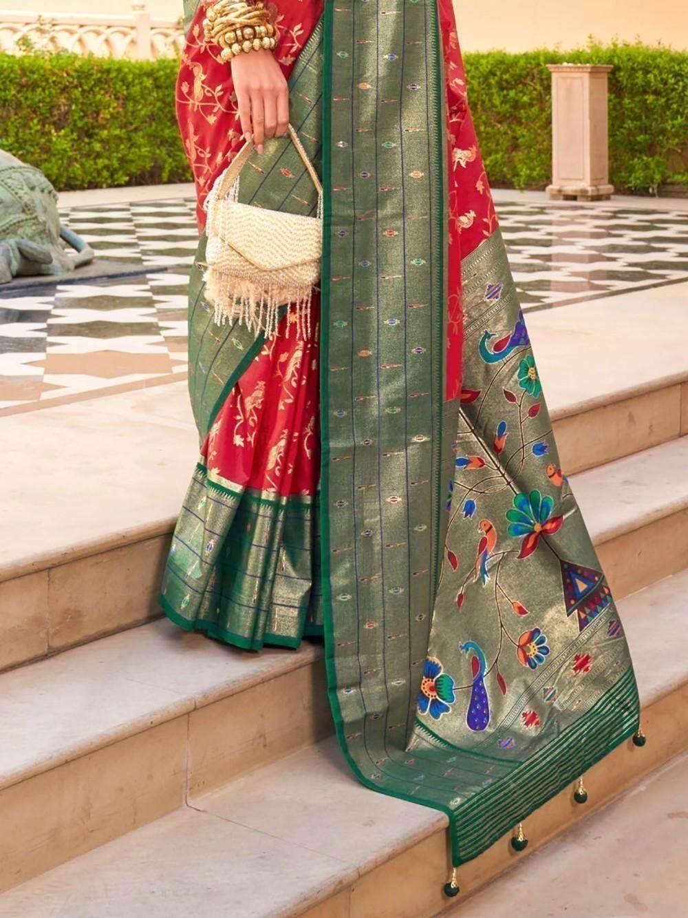 Delightful Red Zari Weaving Silk Event Wear Saree With Blouse - Zeel Clothing