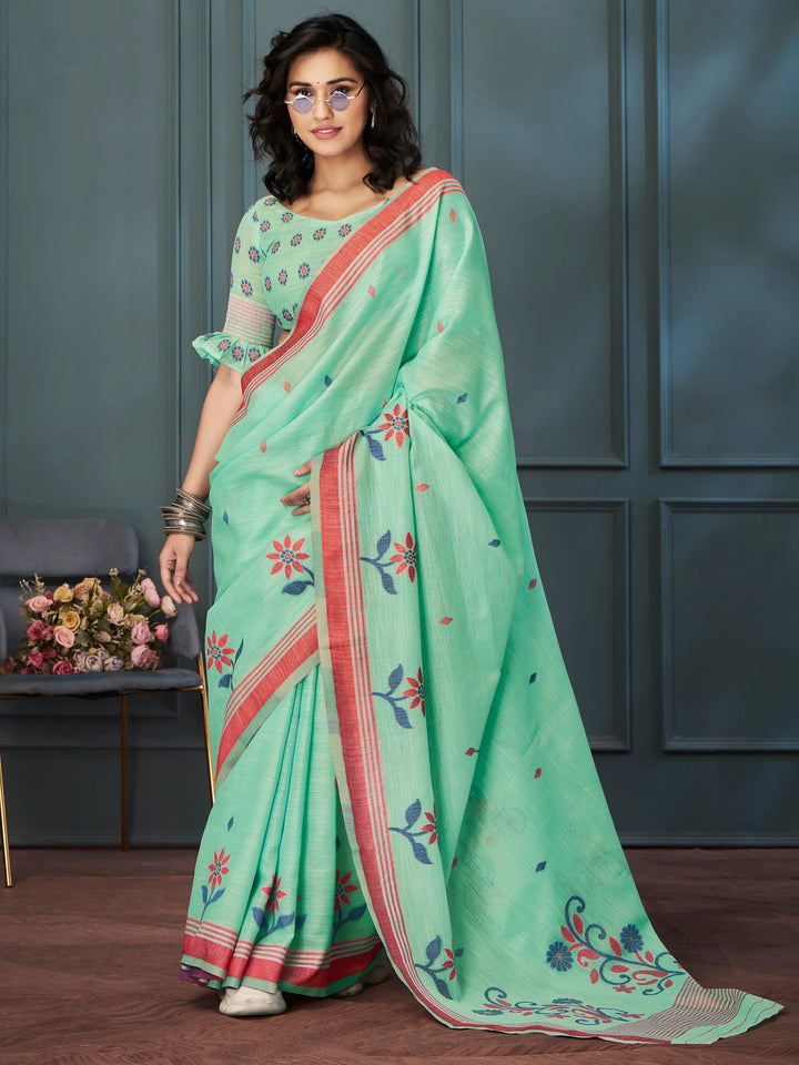 Delightful Sea Green Weaving Linen Festival Wear Saree With Blouse - Zeel Clothing