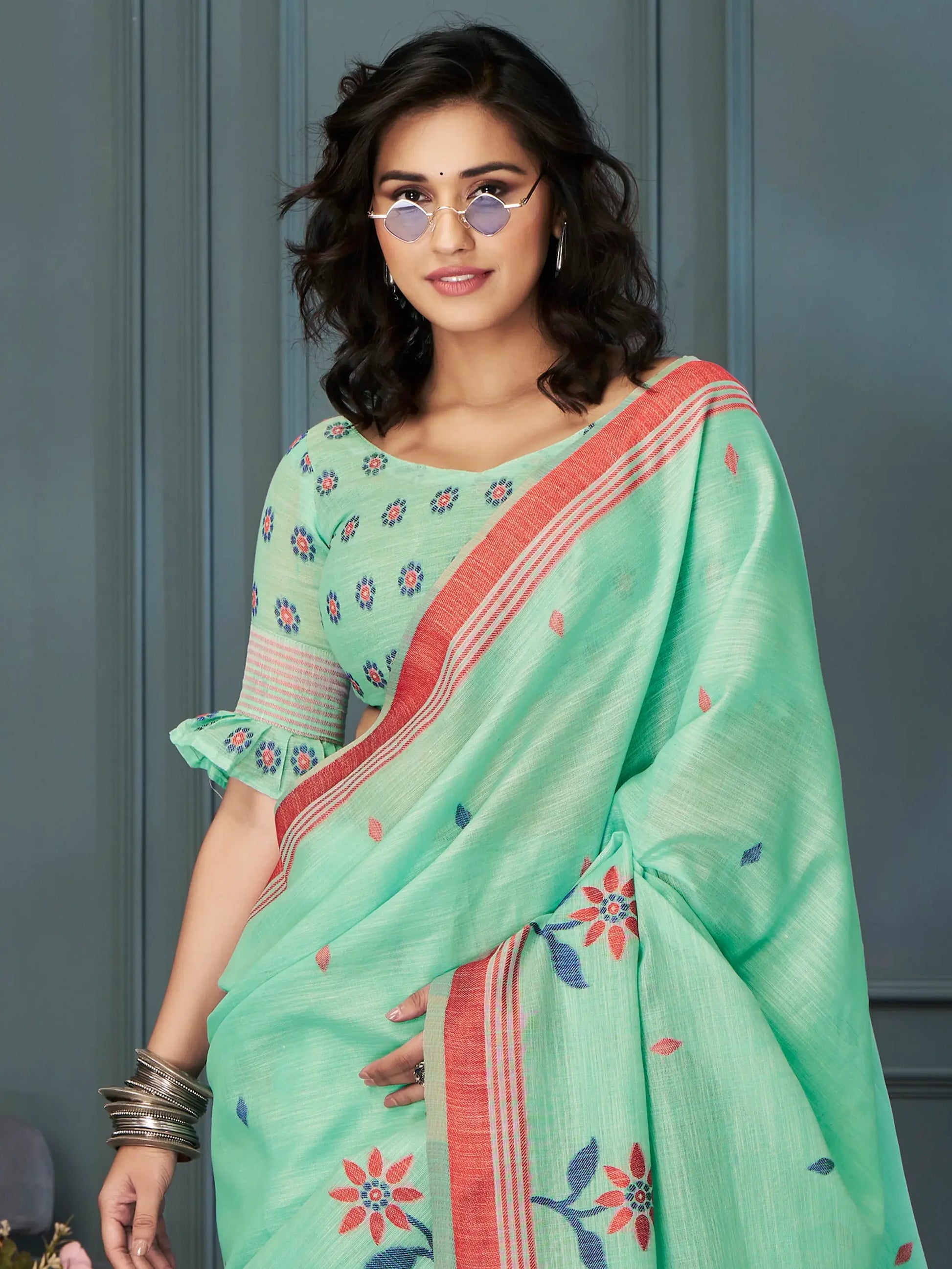 Delightful Sea Green Weaving Linen Festival Wear Saree With Blouse - Zeel Clothing