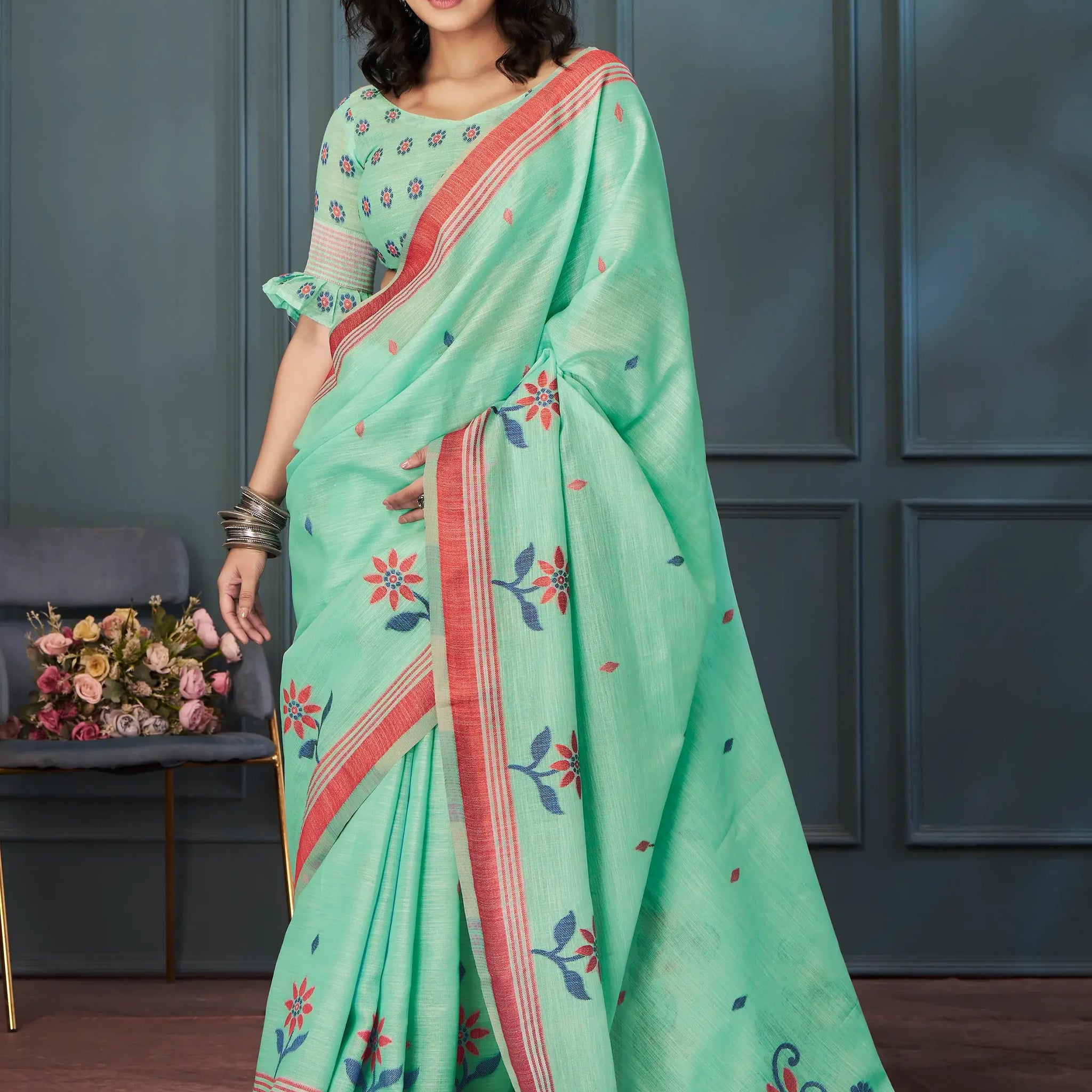 Delightful Sea Green Weaving Linen Festival Wear Saree With Blouse - Zeel Clothing