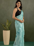 Delightful Sky-Blue Printed Chiffon Designer Ready To Wear Saree With Blouse - Zeel Clothing