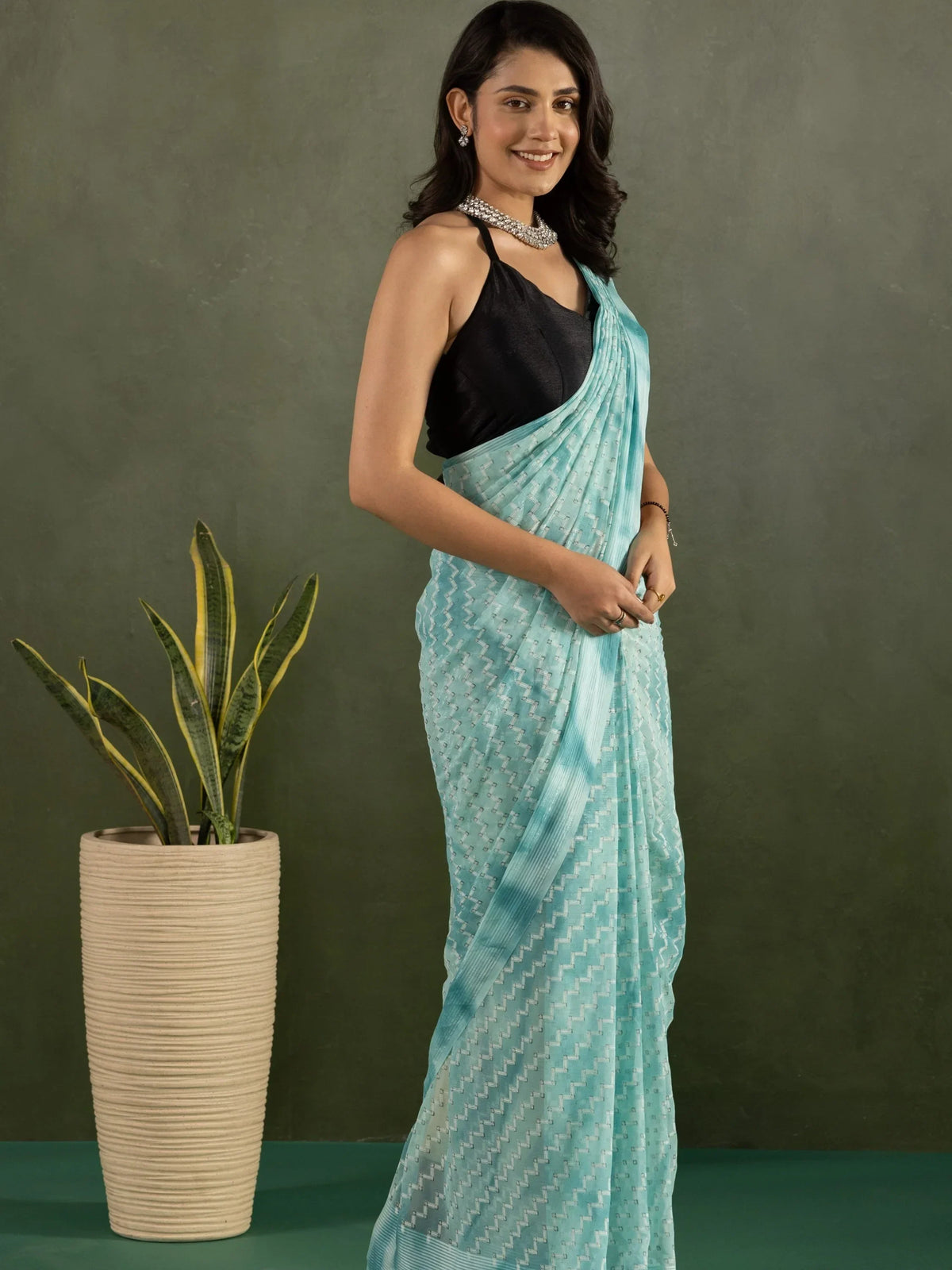 Delightful Sky-Blue Printed Chiffon Designer Ready To Wear Saree With Blouse - Zeel Clothing