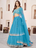 Delightful Sky Blue Sequin Georgette Sangeet Wear Lehenga With Dupatta