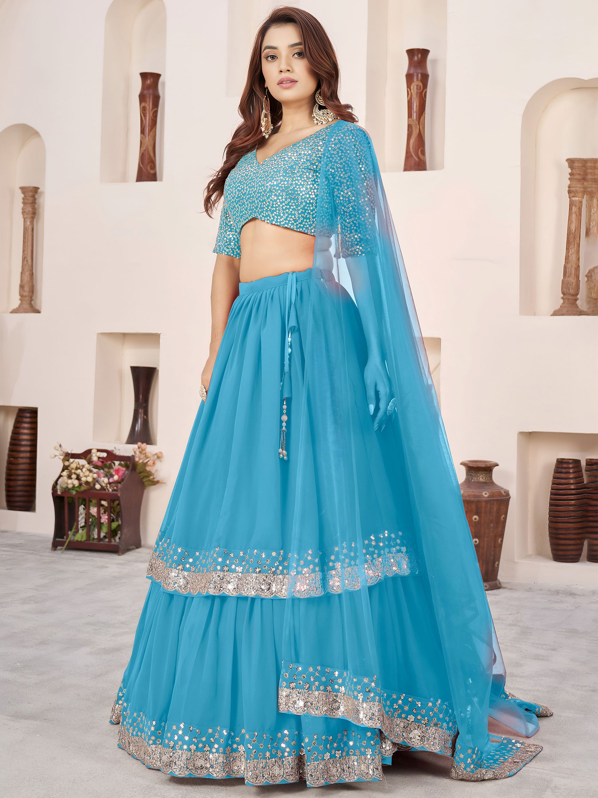Delightful Sky Blue Sequin Georgette Sangeet Wear Lehenga With Dupatta