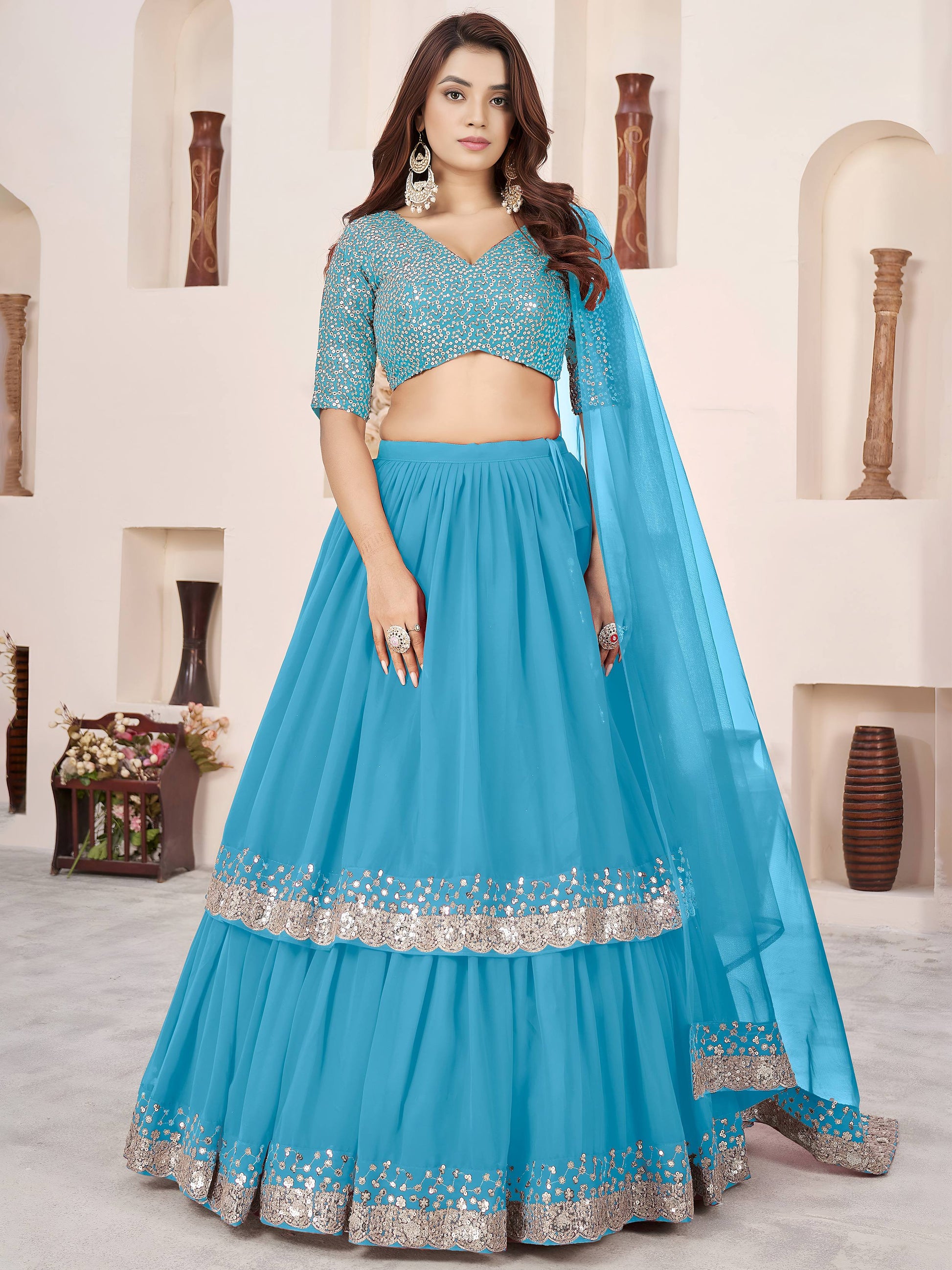 Delightful Sky Blue Sequin Georgette Sangeet Wear Lehenga With Dupatta