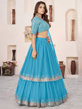 Delightful Sky Blue Sequin Georgette Sangeet Wear Lehenga With Dupatta