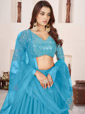Delightful Sky Blue Sequin Georgette Sangeet Wear Lehenga With Dupatta