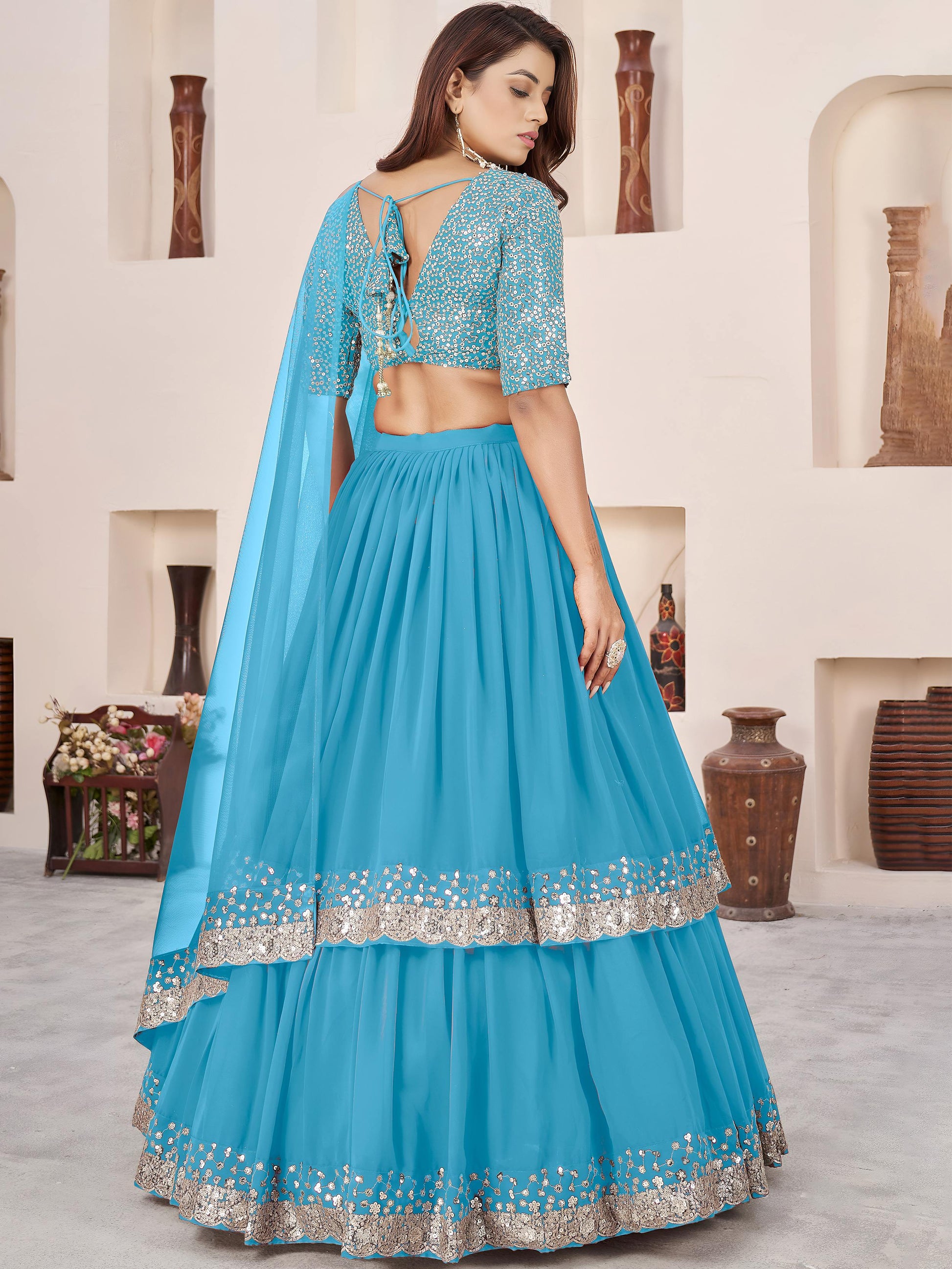 Delightful Sky Blue Sequin Georgette Sangeet Wear Lehenga With Dupatta