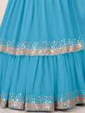 Delightful Sky Blue Sequin Georgette Sangeet Wear Lehenga With Dupatta