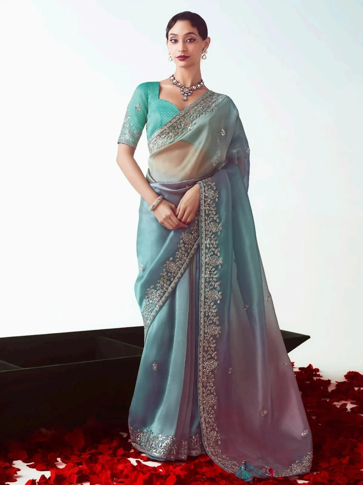 Delightful Sky Blue Zari Embroidered Organza Bridesmaid Saree With Blouse - Zeel Clothing