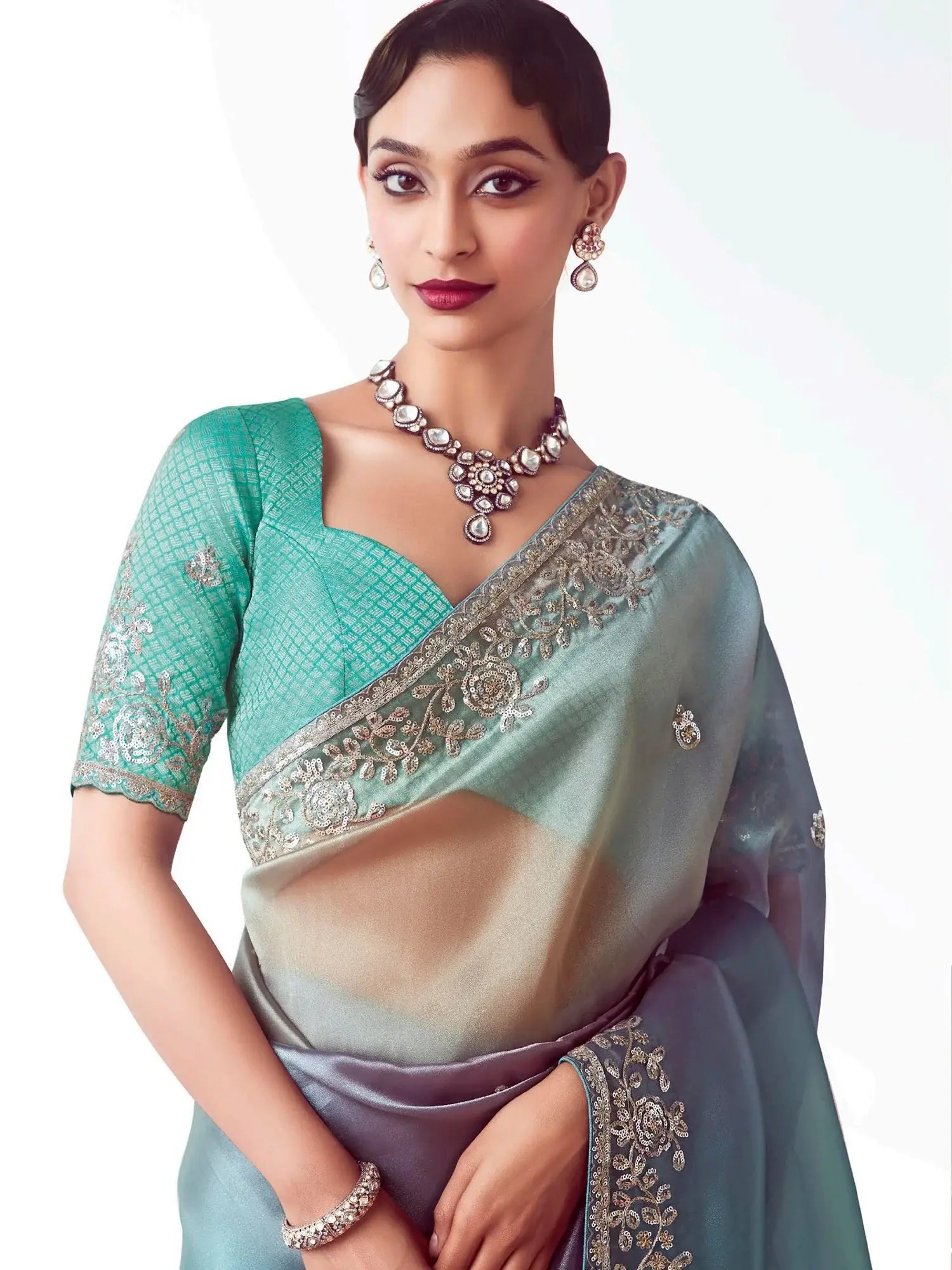 Delightful Sky Blue Zari Embroidered Organza Bridesmaid Saree With Blouse - Zeel Clothing