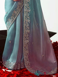 Delightful Sky Blue Zari Embroidered Organza Bridesmaid Saree With Blouse - Zeel Clothing