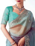 Delightful Sky Blue Zari Embroidered Organza Bridesmaid Saree With Blouse - Zeel Clothing