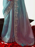 Delightful Sky Blue Zari Embroidered Organza Bridesmaid Saree With Blouse - Zeel Clothing