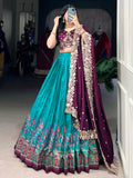 Delightful Teal Blue Tussar Silk Lehenga With Embroidered Choli - Zeel Clothing