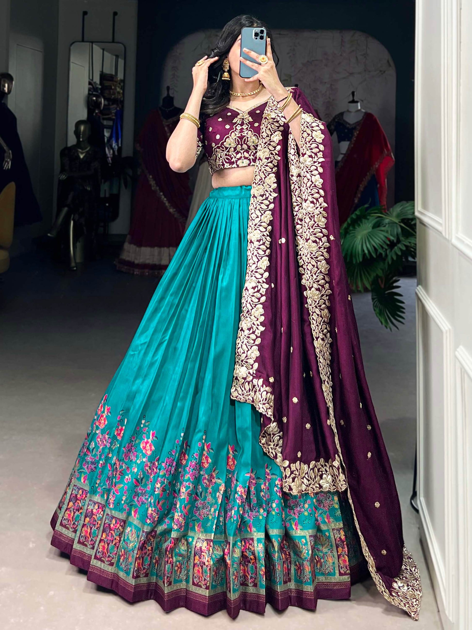 Delightful Teal Blue Tussar Silk Lehenga With Embroidered Choli - Zeel Clothing