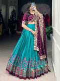 Delightful Teal Blue Tussar Silk Lehenga With Embroidered Choli - Zeel Clothing