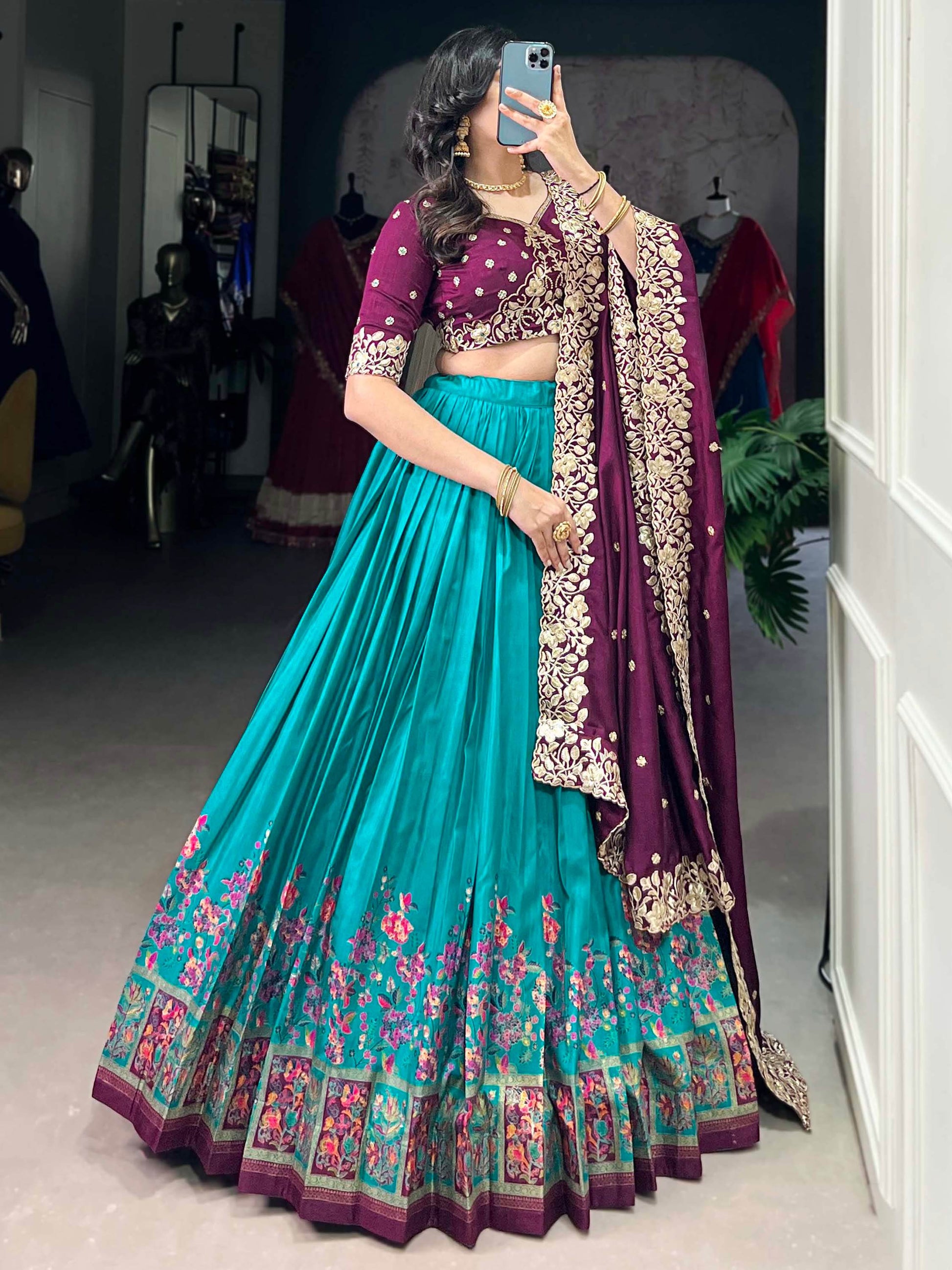 Delightful Teal Blue Tussar Silk Lehenga With Embroidered Choli - Zeel Clothing