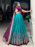 Delightful Teal Blue Tussar Silk Lehenga With Embroidered Choli - Zeel Clothing