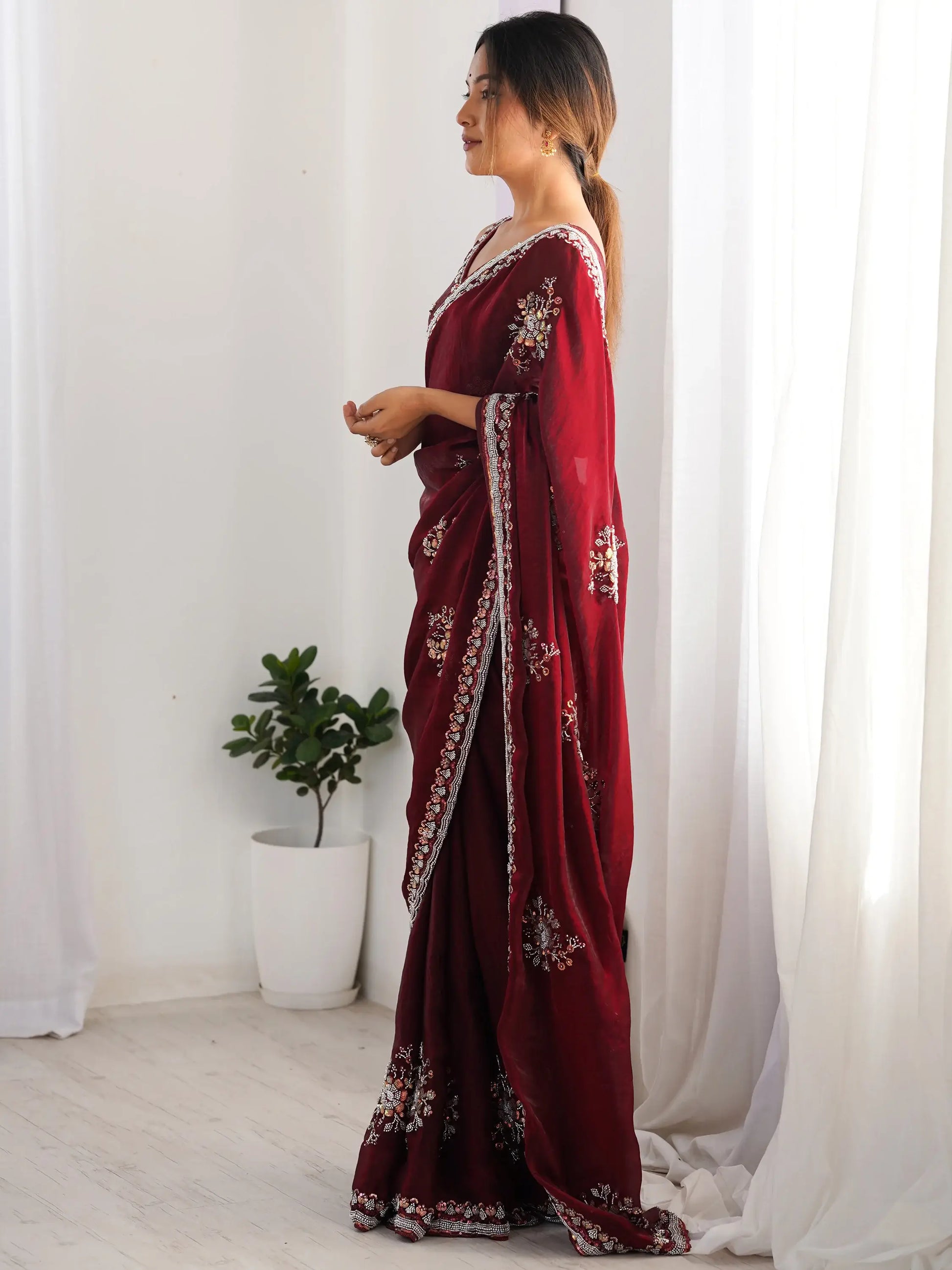 Delightful Wine Beads Work Satin Party Wear Saree With Blouse - Zeel Clothing